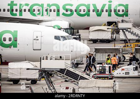 EINDHOVEN - Reisende am Flughafen Eindhoven steigen in ein Flugzeug von Transavia nach Rhodos. Transavia fliegt bis auf weiteres weiter zur griechischen Insel. Die Fluggesellschaft hält jedoch mit den Behörden Kontakt, um die Sicherheit zu überwachen. Im Süden von Rhodos wüten Waldbrände. ANP ROB ENGELAAR niederlande raus - belgien raus Stockfoto