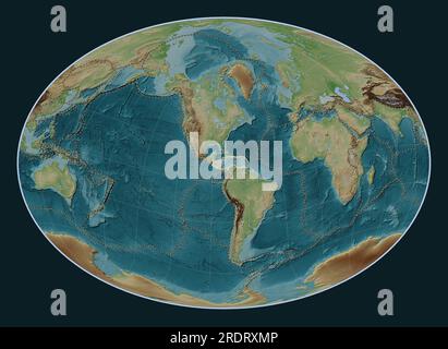 Karibische tektonische Platte auf der Höhenkarte im Wiki-Stil in der Fahey-Schrägprojektion, die meridional und latitudinal zentriert ist. Grenzen anderer Stockfoto