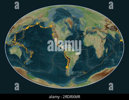 Karibische tektonische Platte auf der Höhenkarte im Wiki-Stil in der Fahey-Schrägprojektion, die meridional und latitudinal zentriert ist. Standorte von Erdbeben Stockfoto