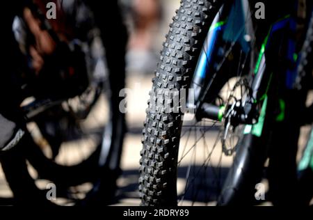 Fahrrad-Vorderreifen, Außenbild an sonnigen Tagen, Stockfoto