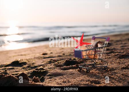 Der Miniatur-Einkaufskorb Steht Am Ufer Des Meeres Bei Sonnenaufgang, Der Mit Wasser Gewaschen Wird, In Körbchenmuscheln, Seesternen Und Seepferdchen. Das Konzept Des Sommers Stockfoto