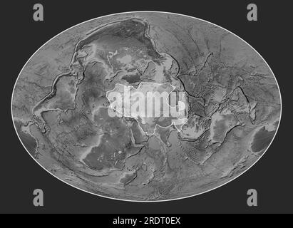 Eurasische tektonische Platte auf der Grauskala-Elevationskarte in der Fahey-Schrägprojektion, die meridional und latitudinal zentriert ist. Stockfoto