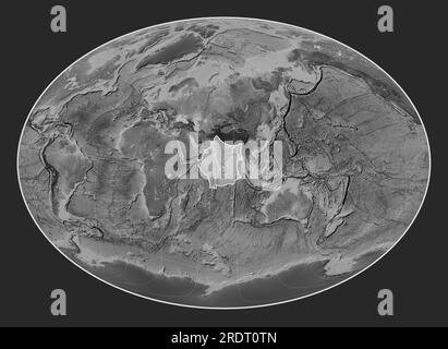 Indische tektonische Platte auf der Grauskala-Elevationskarte in der Fahey-Schrägprojektion, die meridional und latitudinal zentriert ist. Stockfoto