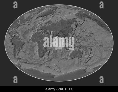 Indische tektonische Platte auf der Bilevel-Elevationskarte in der Fahey-Schrägprojektion, die meridional und latitudinal zentriert ist. Stockfoto