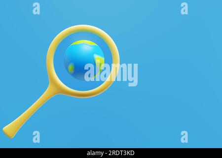 Der Cartoon-Planet Erde in einer Lupe. 3D-Rendering Stockfoto