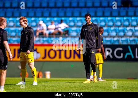 Sandefjord, Norwegen, 23. Juli 2023. Bodø/Glimts Amahl Pellegrino während des Aufwärmens vor dem Spiel zwischen Sandefjord und Bodø/Glimt in der Release Arena in Sandefjord. Kredit: Frode Arnesen/Alamy Live News Stockfoto