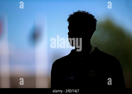 Sandefjord, Norwegen, 23. Juli 2023. Bodø/Glimts Amahl Pellegrino während des Aufwärmens vor dem Spiel zwischen Sandefjord und Bodø/Glimt in der Release Arena in Sandefjord. Kredit: Frode Arnesen/Alamy Live News Stockfoto