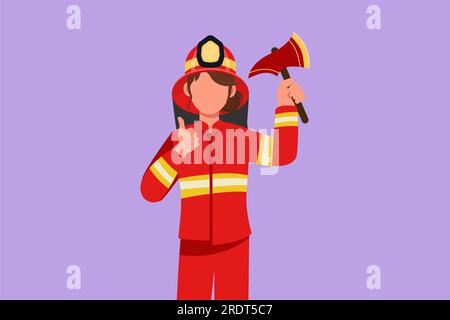 Cartoon flache Zeichnung weibliche Feuerwehrfrau in kompletter Uniform hält Glas brechende Axt mit Daumen hoch Geste bereitet euch darauf vor, das Feuer von burne zu löschen Stockfoto