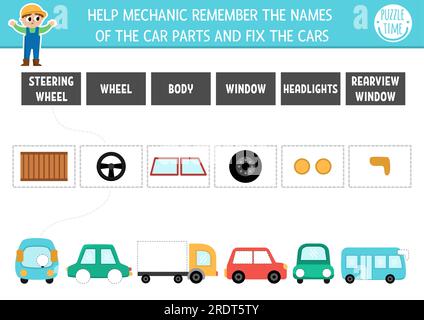 Passender Transport mit niedlichem Transport und fehlenden Teilen. Spiel oder Puzzle: Objekte und Namen zuordnen. Druckbares Arbeitsblatt mit Rad, Karosserie, Stock Vektor