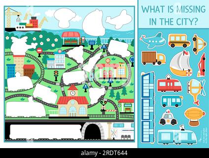 Vektortransport, Schneide- und Klebstoffaktivität. Bastelspiel mit niedlicher Stadtlandschaft, Autos, Zügen. Spaß Wasser, Luft, unterirdisch, Landtransport Printab Stock Vektor