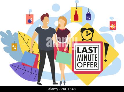 Aktionen und Verkäufe in Geschäften, Last-Minute-Angebot für Käufer und Kunden. Clearance und Reduktion von Preis, Marketing und Rabatt in Geschäften, Läden a Stock Vektor
