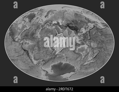 Somalische tektonische Platte auf der Grauskala-Elevationskarte in der Fahey-schrägen Projektion, die meridional und latitudinal zentriert ist. Stockfoto