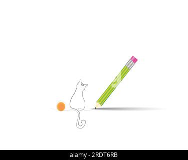 Der Bleistift zeichnet die Silhouette des Balls und der Katze in einer Linie Stock Vektor
