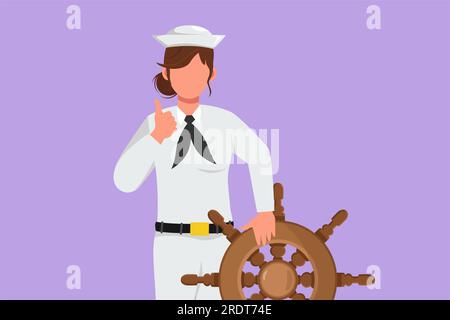 Die Figur zeichnet eine mutige Matrosenfrau mit Daumen-hoch-Geste, die bereit ist, in einem Schiff, das vom Kapitän angeführt wird, über die Meere zu segeln. Weibliche Matrosen reisen Stockfoto