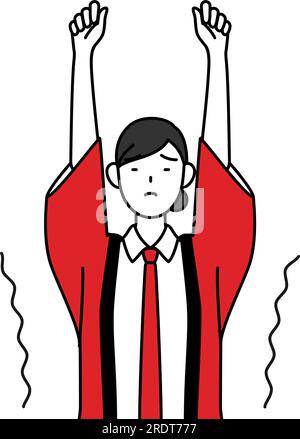 Eine Frau in einem roten Happi-Mantel, die sich dehnt und aufrecht steht, Vector Illustration Stock Vektor