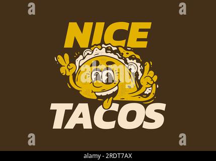 Schöne Tacos, Maskottchen-Figur von Tacos mit fröhlichem Gesicht, im Vintage-Stil Stock Vektor