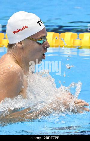 Fukuoka, Japan. 23. Juli 2023. Leon Marchand aus Frankreich tritt beim Medley-Finale der Männer 400m bei der World Aquatics Championships in Fukuoka, Japan, am 23. Juli 2023 an. Kredit: Xu Chang/Xinhua/Alamy Live News Stockfoto