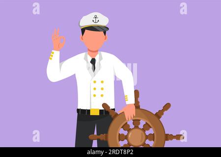 Ein mutiger Seemann mit einer guten Geste, bereit, mit einem Schiff, das vom Kapitän angeführt wird, über die Meere zu segeln. Aktiver männlicher Seemann auf Reisen Stockfoto