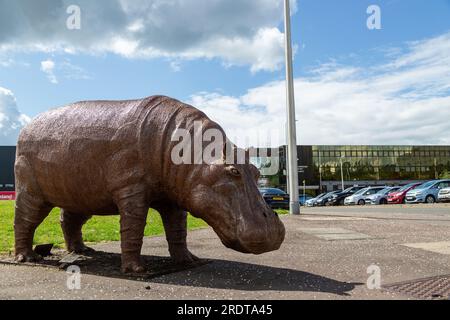 Lebensgroßes Nilpferd des Künstlers Rory Thomas vor dem Kingdom Shopping Centre Glenrothes, Fife. Stockfoto