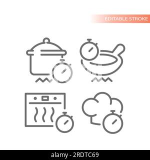 Symbolsatz für Vektoren der Kochzeitlinie. Uhr mit Backofen, Kappe, Topf und Pfanne, Timer-Symbole. Stock Vektor