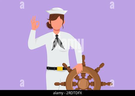 Die Figur zeichnet eine mutige Matrosenfrau mit einer guten Geste, die bereit ist, in einem Schiff, das vom Kapitän angeführt wird, über die Meere zu segeln. Süße Matrosenfrau Stockfoto