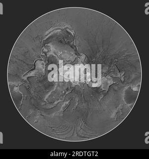 Die eurasische tektonische Platte auf der Grauskala-Elevationskarte in der Lagrange-schrägen Projektion, die meridional und latitudinal zentriert ist. Stockfoto