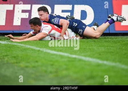 Leeds, Großbritannien. 23. Juli 2023. Louis Senior (23) von Hull Kingston Rover gewinnt einen Versuch. Halbfinale des Challenge Cup, Hull Kingston Rover gegen Wigan Warriors im Headingley Stadium, Leeds, UK Kredit: Dean Williams/Alamy Live News Stockfoto