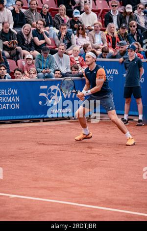 Bstad, Schweden. 23. Juli 2023. Båstad, Schweden. , . 2023 Nordea Open Finale. Andrey Rublev steht einem Casper Ruud gegenüber. Andrey Rublev gewann zum fünften Mal gegen Casper Ruud. Kredit: Daniel Bengtsson/Alamy Live News Kredit: Daniel Bengtsson/Alamy Live News Stockfoto