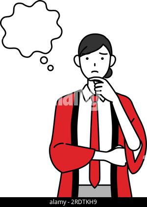 Eine Frau in einem roten Happi-Mantel, die denkt, während sie ihr Gesicht kratzt, Vector Illustration Stock Vektor