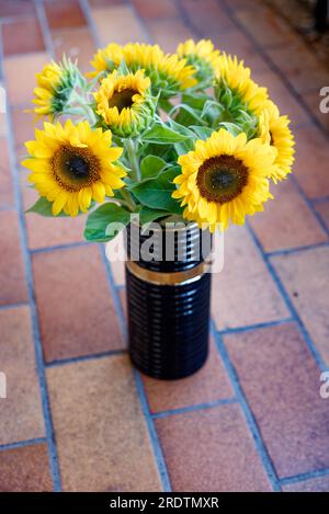 Schwarze Vase mit Sonnenblumen steht auf einem gefliesten Boden Stockfoto