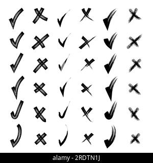 Ja und nein Von Hand gezogene Kritzelspuren und Kreuze Set-Kollektion. Kritzeleien, Zeichenstifte. Vektordarstellung. Mit Bleistifthand gezeichnete Häkchen A Stock Vektor