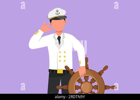 Cartoon flacher Stil, mutiger Seemann mit Call-Me-Geste, bereit, mit einem Schiff, das vom Kapitän angeführt wird, über die Meere zu segeln. Männlicher Seemann auf Reisen Stockfoto