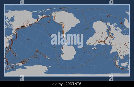 Die tektonische Shetland-Platte auf der Volumenkonturkarte in der zylindrischen schrägen Patterson-Projektion, die meridional und latitudinal zentriert ist. Verteilung Stock Vektor