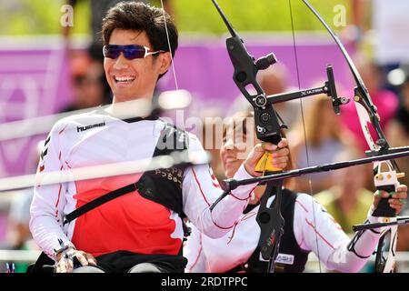 Pilsen, Tschechische Republik. 23. Juli 2023. Ueyama Tomohiro, Left, und Shigesada Chika aus Japan treten beim Recurve Mixed Team-Wettbewerb bei der World Archery para Championships in Pilsen, Tschechische Republik, am 23. Juli 2023 an. Kredit: Miroslav Chaloupka/CTK Photo/Alamy Live News Stockfoto