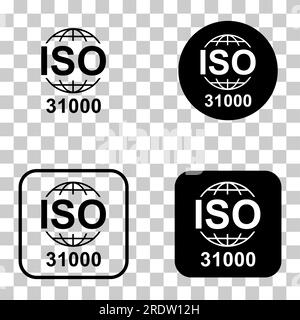 Satz mit ISO 31000-Symbol. Risikomanagement. Symbol für Standardqualität. Vektor-Button-Zeichen auf weißem Hintergrund isoliert. Stock Vektor