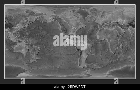Cocos tektonische Platte auf der Grauskala-Elevationskarte in der zylindrischen schrägen Patterson-Projektion, die meridional und latitudinal zentriert ist. Boundarie Stockfoto