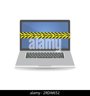 Gelbes Band mit schwarzen Streifen und dem Text gefälschte Nachrichten auf einem Laptop Stock Vektor
