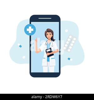 Smartphone-Bildschirm mit einer Ärztin. Medizinische Online-Dienste, Beratung und Telemedizin-Konzept. Flache Vektordarstellung isoliert auf weißem Bac Stock Vektor