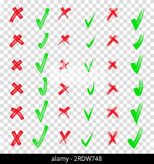Ja und nein Rote und grüne Form. Von Hand gezogene Kritzelspuren und Kreuze Set-Kollektion. Kritzeleien, Zeichenstifte. Mit Bleistifthand gezeichnete Häkchen A Stock Vektor