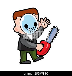 Der Mörder hält die Kettensäge. Halloween-Zeichentrickfiguren. Vector . Stock Vektor