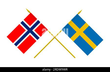 Norwegische und schwedische Flaggen, 3D Rendern, isoliert auf weiß Stockfoto