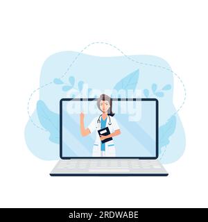 Medizinische Online-Beratung und -Unterstützung. Online-Arzt. Gesundheitsdienste, fragen Sie einen Arzt. Hausärztin, Therapeutin mit Stethoskop auf dem Schoß Stock Vektor