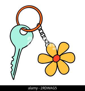 Schulschlüssel mit Keychain-Cartoon im Doodle Retro-Stil. Back-to-School Schreibwaren Element auffällig hell. Klassisches Zubehör für Kindererziehung oder Stock Vektor