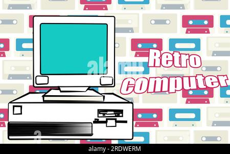 Ein alter alter, alter, antiker Gaming-Desktop-Computer im Retro-Hipster-Stil und eine Computereinschrift aus den 70er, 80er und 90er Jahren auf einem Hintergrund mit Audiokassetten Stock Vektor