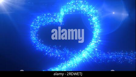 Abstraktes, glühendes weihnachtliches Herz Liebe Blau aus Linien magischer Energie von Partikeln und Punkten auf dunklem Hintergrund zum Valentinstag. Abstrakter Backgro Stockfoto