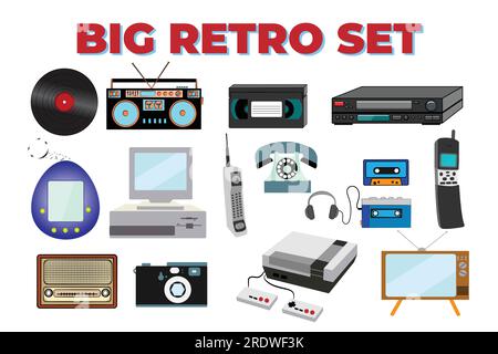 Set aus alter Isometrie-Elektronik im Retro-Stil: Tonbandkassetten-Recorder, Computer, Spielkonsolen für Videospiele aus den 70s, 80s und 90s Jahren. Vect Stock Vektor
