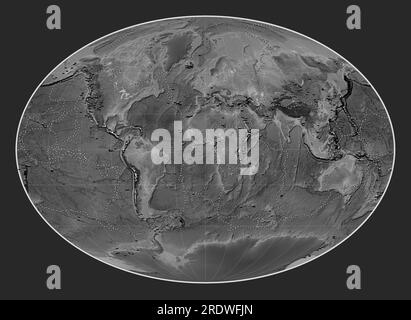 Verteilung bekannter Vulkane auf der weltweiten Grauskala-Höhenkarte in der Fahey-Projektion, die auf dem Primärkeridian zentriert ist Stockfoto