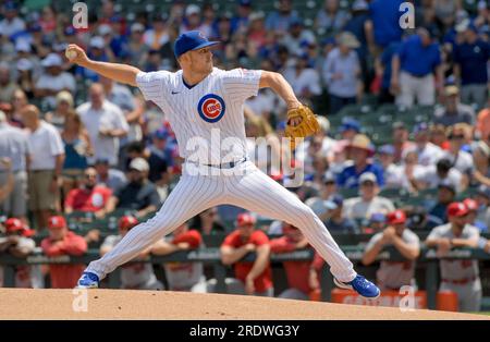 Chicago, Usa. 23. Juli 2023. Der erste Pitcher der Chicago Cubs Jameson Taillon (50) wirft gegen die St. Louis Cardinals während des ersten Inning in Wrigley Field in Chicago am Sonntag, den 23. Juli 2023. Foto von Mark Black/UPI Credit: UPI/Alamy Live News Stockfoto