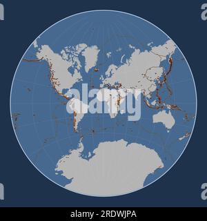 Verteilung bekannter Vulkane auf der Weltkarte mit massiven Konturen in der Lagrange-Projektion zentriert auf den Primärkeridian Stockfoto