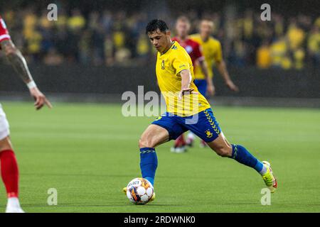 Silkeborg, Dänemark. 23. Juli 2023. Blas Riveros (15) von Broendby, WENN während des 3F. Superliga-Spiels zwischen Silkeborg IF und Broendby IF im Jysk Park in Silkeborg gesehen. (Foto: Gonzales Photo/Alamy Live News Stockfoto